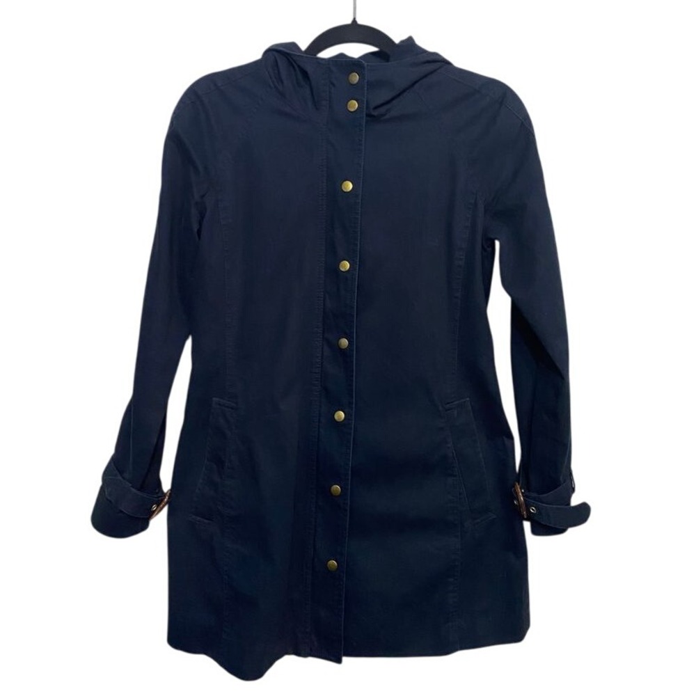Banana Republic Navy Blue Hooded Trench Coat Gold Hardware Striped Lining S